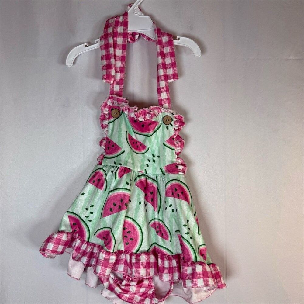 Baby Girl Watermelon Print Romper Dress Pink Gingham Ruffles Tie Straps